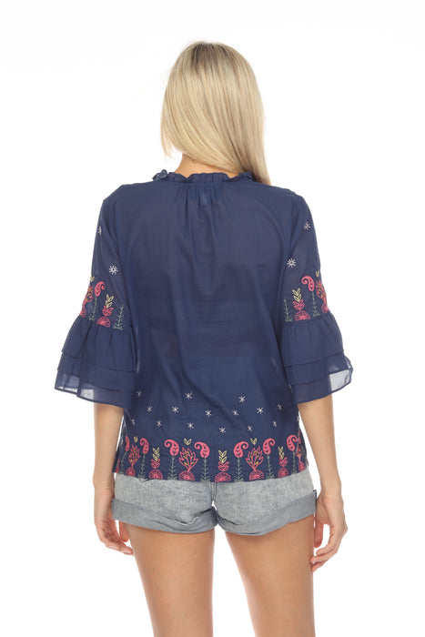 Johnny Was Workshop Ashlee Embroidered Ruffle Sleeve Blouse Boho Chic W11523