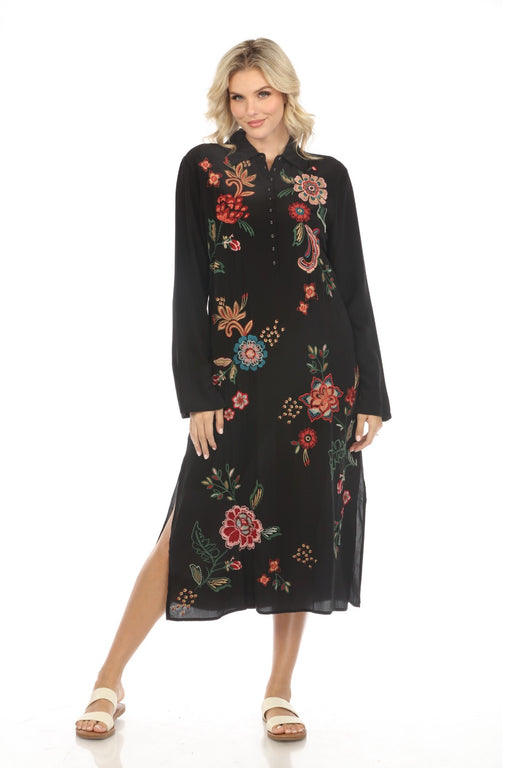 Johnny Was Workshop Style W39424 Black Floral Embroidered Silk Midi Shirt Dress Boho Chic