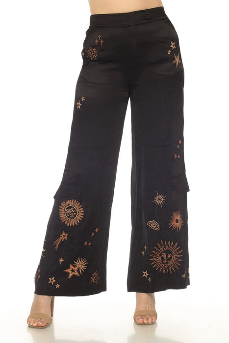 Johnny Was Workshop Style W60723 Black Estrella Embroidered Wide Leg Cargo Pants Boho Chic