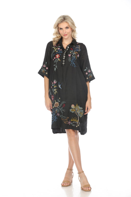 Johnny Was Workshop Style W33024 Black Indalo Henley Kimono Sleeve Shirt Dress Boho Chic