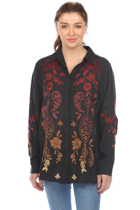 Johnny Was Workshop Style W15523 Black Kiana Ribbon Detail Shirt Boho Chic