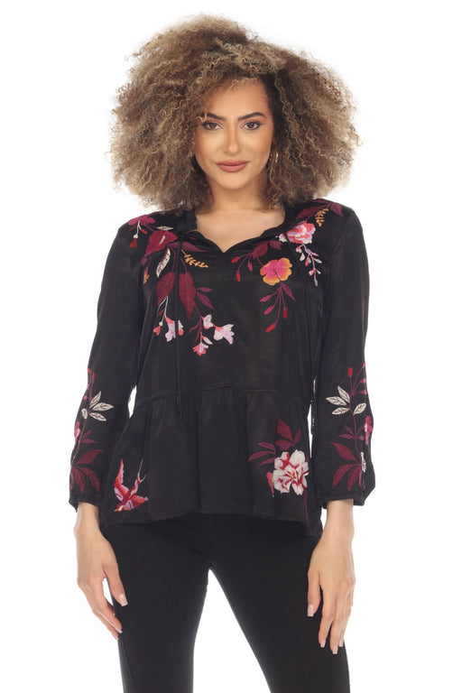 Johnny Was Workshop Style W16523 Black Mirabel Peplum Field Embroidered Blouse Boho Chic