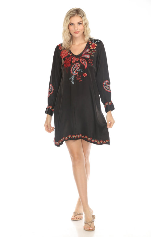 Johnny Was Workshop Style W30524 Black Sezana V-Neck Embroidered Swing Dress