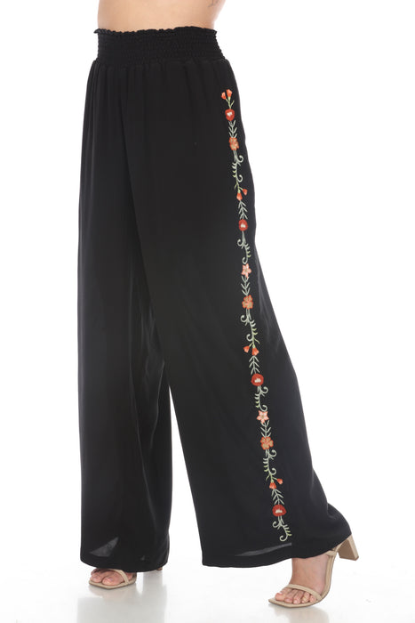 Johnny Was Workshop Black Silk Embroidered Smocked Wide Leg Pants Boho Chic W62224