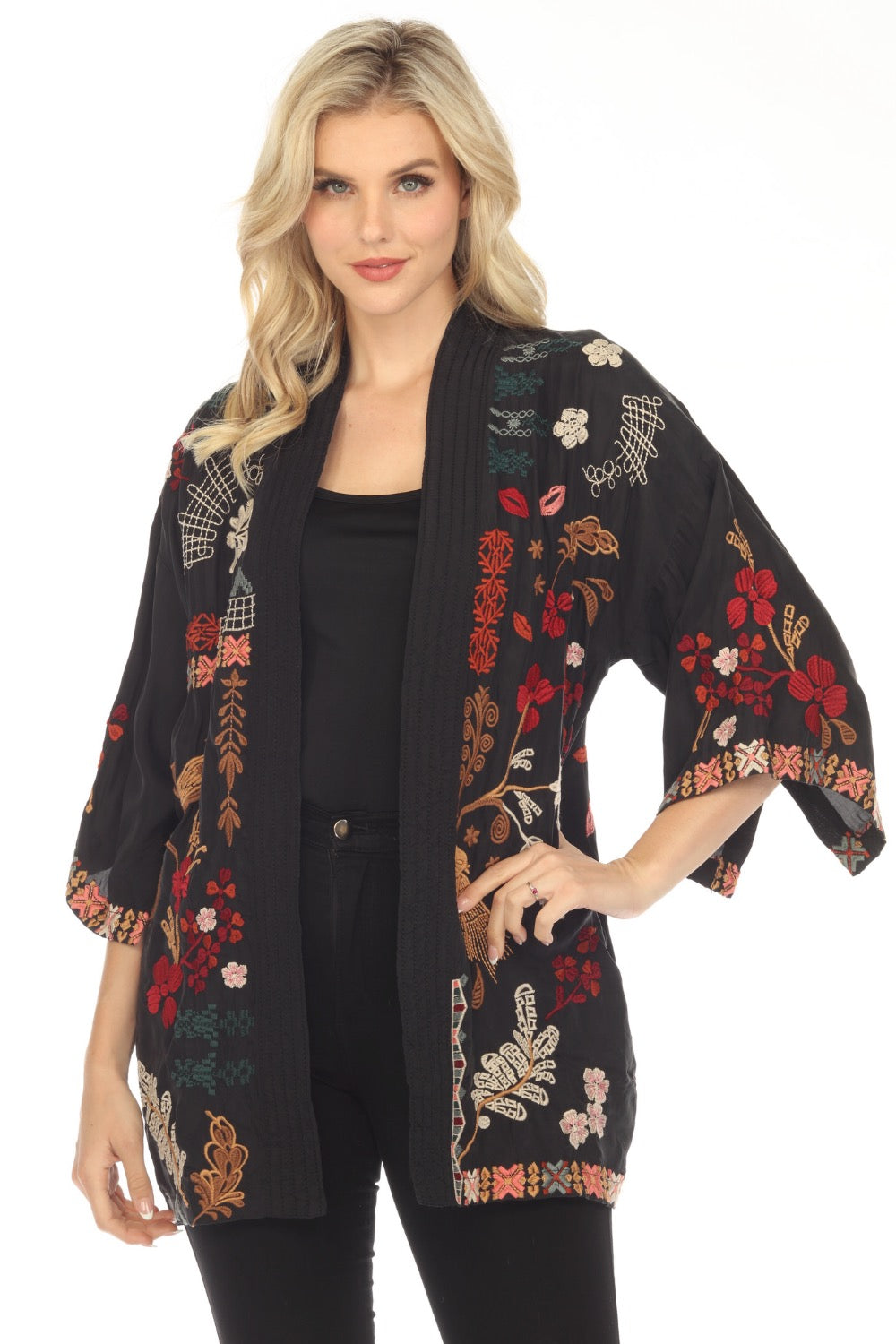 Johnny Was Workshop Black Zuzu Embroidered Open Front Kimono Boho Chic ...