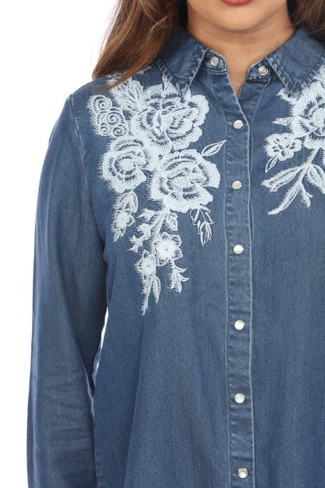 Johnny Was Workshop Blue Alicent Denim Button Down Shirt Boho Chic W17123-E