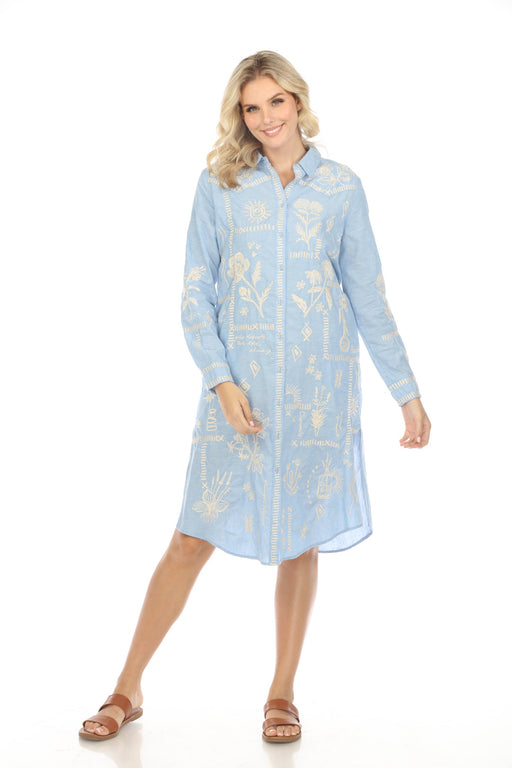 Johnny Was Workshop Style W29424 Blue Embroidered Button-Down Midi Shirt Dress Boho Chic