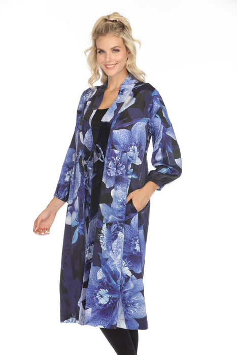 Johnny Was Workshop Blue Floral Silk Long Kimono W46524 Boho Chic