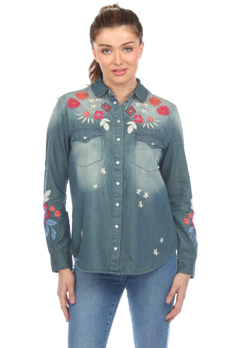 Johnny Was Workshop Style W14523 Blue Mika Denim Pocket Shirt Boho Chic