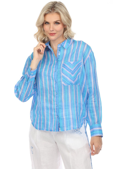 Johnny Was Workshop Style W19424 Blue Oslo Striped Button-Down Shirt Boho Chic