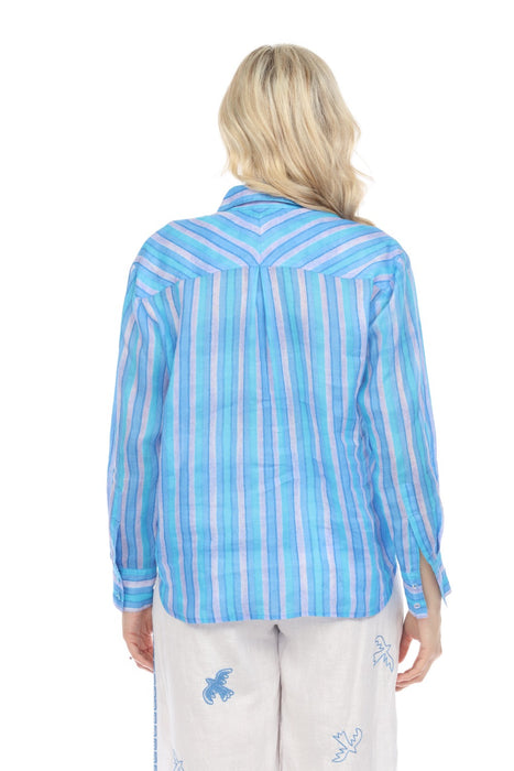 Johnny Was Workshop Blue Oslo Striped Button-Down Shirt Boho Chic W19424