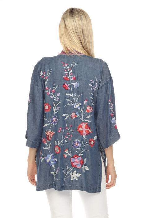 Johnny Was Workshop Blue Piper Embroidered Shirt Tail Kimono Boho Chic W41023