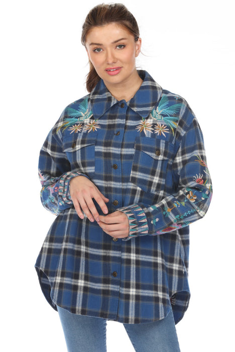 Johnny Was Workshop Style W44123 Blue Plaid Gabriella Oversized Shirt Jacket Boho Chic