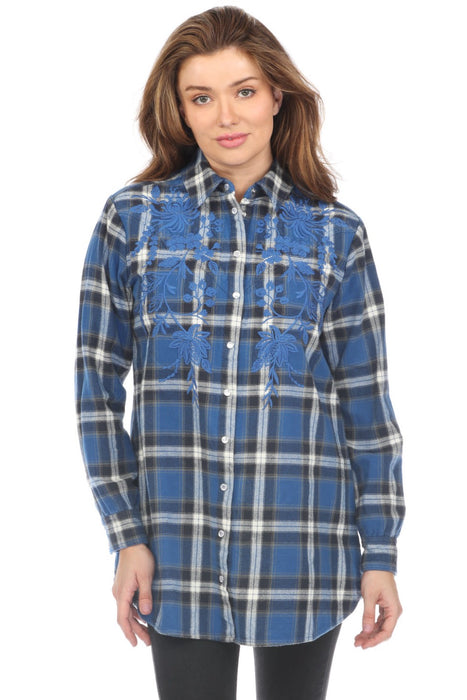 Johnny Was Workshop Style W28523 Blue Plaid Miel Western Button Down Tunic Shirt Boho Chic