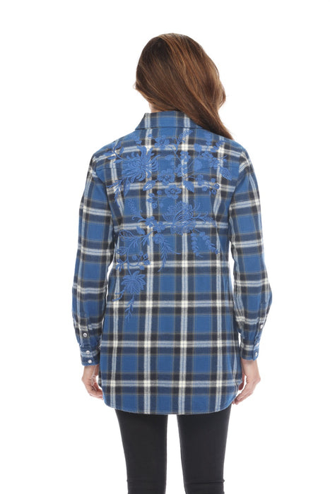 Johnny Was Workshop Blue Plaid Miel Western Button Down Tunic Jacket Boho Chic W28523