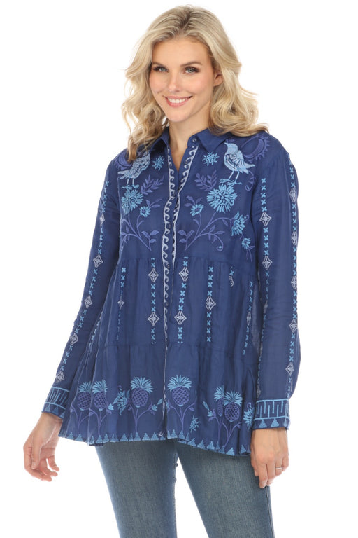 Johnny Was Workshop Style W20024 Blue Tarra Tiered Shirt Tunic Top Boho Chic