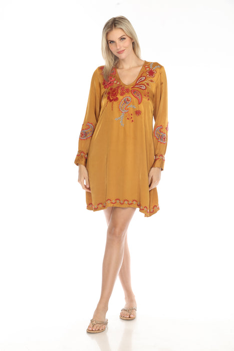 Johnny Was Workshop Style W30524 Burnt Gold Sezana V-Neck Embroidered Swing Dress