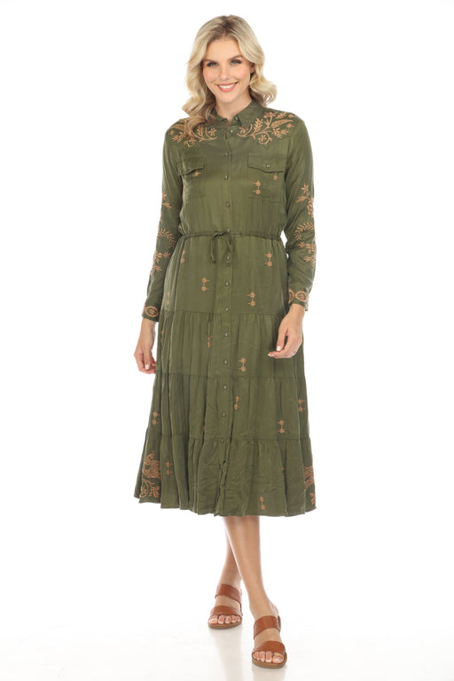 Johnny Was Workshop Style W30923 Embroidered Button-Down Tiered Midi Dress Boho Chic