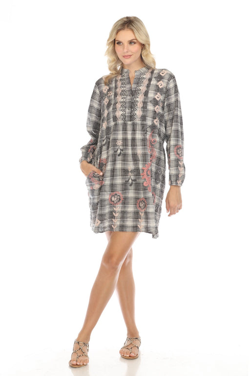 Johnny Was Workshop Style W38324 Plaid Button Yoke Field Embroidered Dress Boho Chic