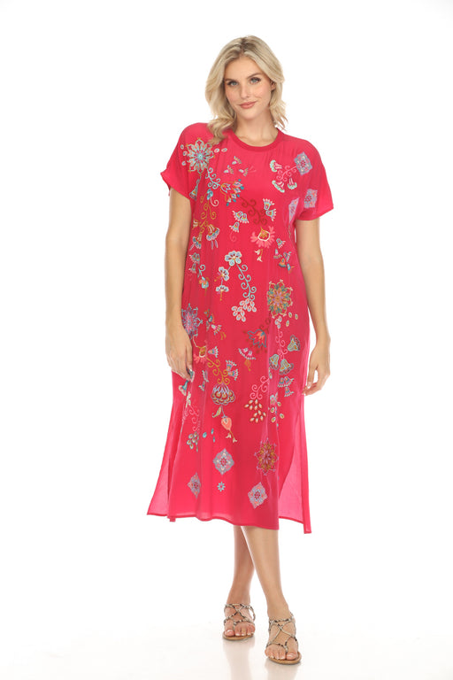 Johnny Was Workshop Style W38524 Cerise Pink Alesa Relaxed Embroidered Silk Midi Dress Boho Chic