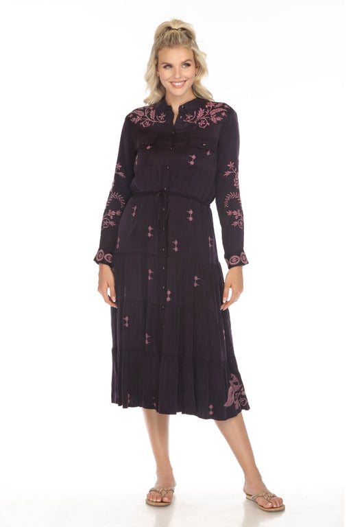 Johnny Was Workshop Style W30923 
Deep Purple Chloe Western Tiered Shirt Dress Boho Chic