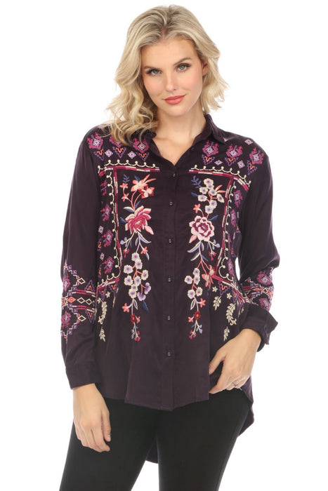 Johnny Was Workshop Style W27423 Deep Purple Curacao Oversized Tunic Shirt Boho Chic