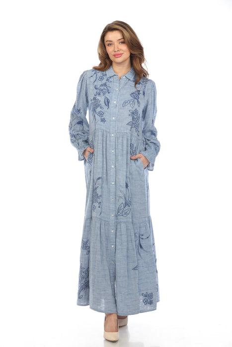 Johnny Was Workshop Style W60924 Denim Blue Button Front Embroidered Maxi Dress Boho Chic