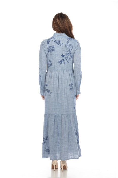 Johnny Was Workshop Denim Blue Embroidered Maxi Dress W38624 Boho Chic