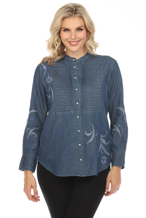 Johnny Was Workshop Style W13824 Denim Blue Myra Pleated Embroidered Tuxedo Shirt Boho Chic