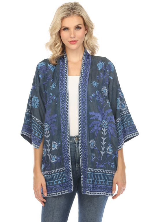 Johnny Was Workshop Style W45224 Denim Blue Open Front Embroidered Kimono Boho Chic