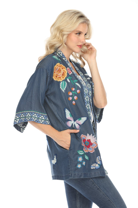 Johnny Was Workshop Denim Blue Taymia Embroidered Kimono Boho Chic W47024