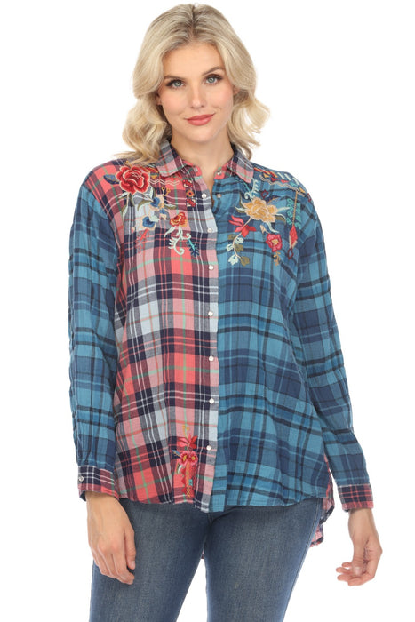 Johnny Was Workshop Style W12821 Eilona Plaid Mix Oversized Shirt Boho Chic