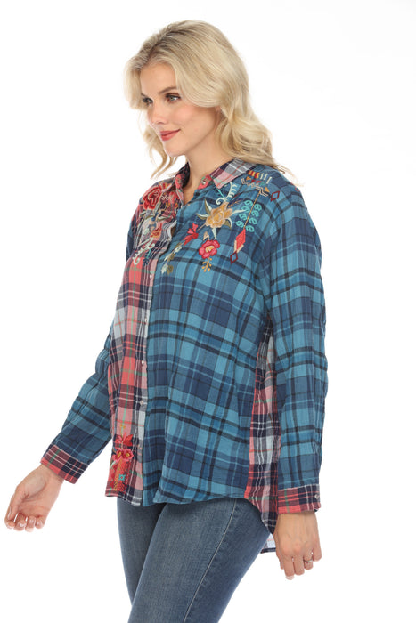 Johnny Was Workshop Eilona Plaid Mix Oversized Shirt Boho Chic W12821