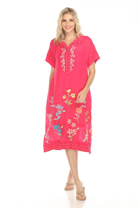 Johnny Was Workshop Style W34024 Pink Embroidered Midi Shirt Dress