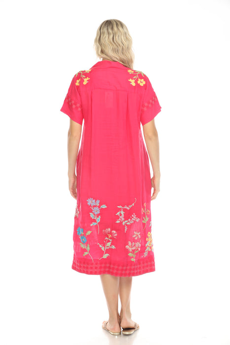 Johnny Was Workshop Pink Embroidered Midi Shirt Dress W34024