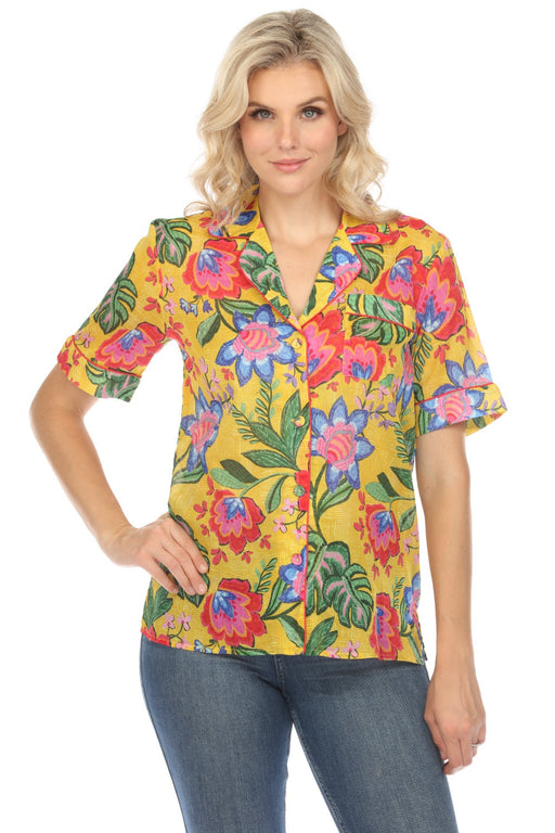Johnny Was Workshop Style W11124 Floral Short Sleeve Button-Down Shirt Boho Chic