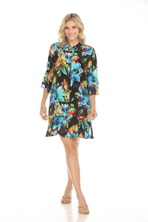 Johnny Was Workshop Style W092424 Floral Silk Flounce Hem Shirt Dress Boho Chic