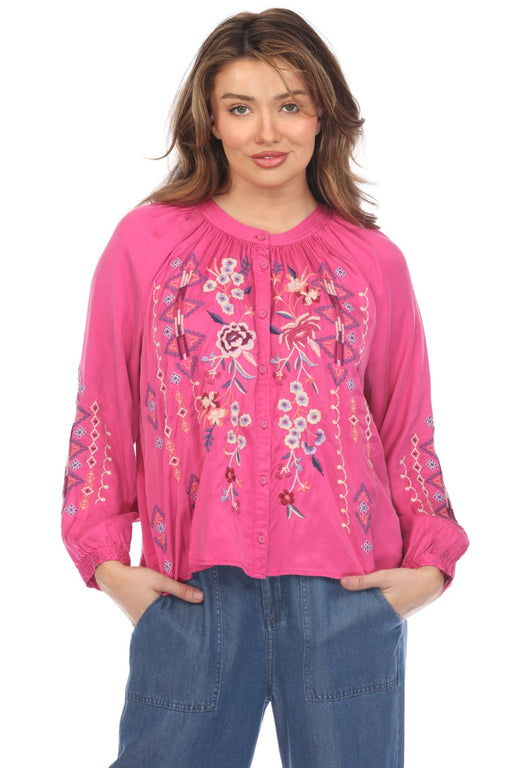 Johnny Was Workshop Style W15323 Fuchsia Rose Curacao Raglan Poet Shirt Boho Chic