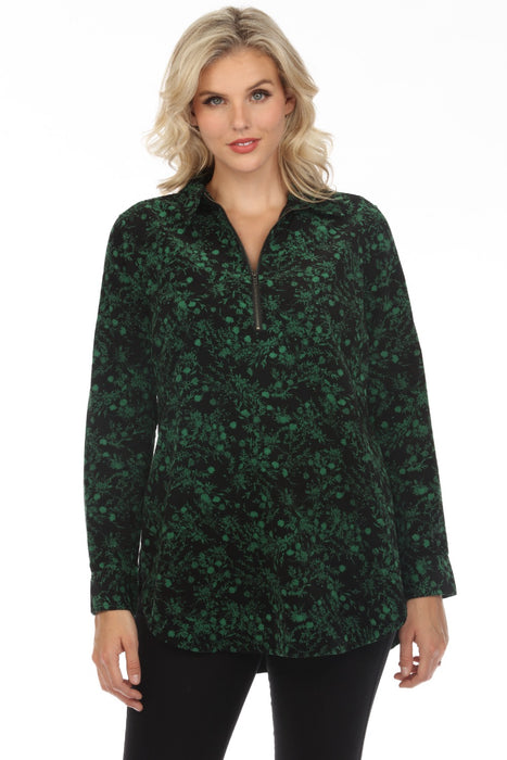 Johnny Was Workshop Style W28223 Green/Black Floral Zip Front Long Sleeve Top Boho Chic