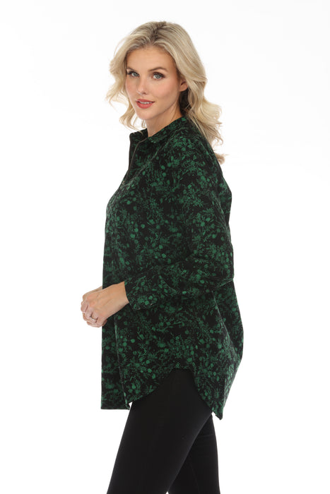 Johnny Was Workshop Green/Black Floral Zip Front Long Sleeve Top Boho Chic W28223