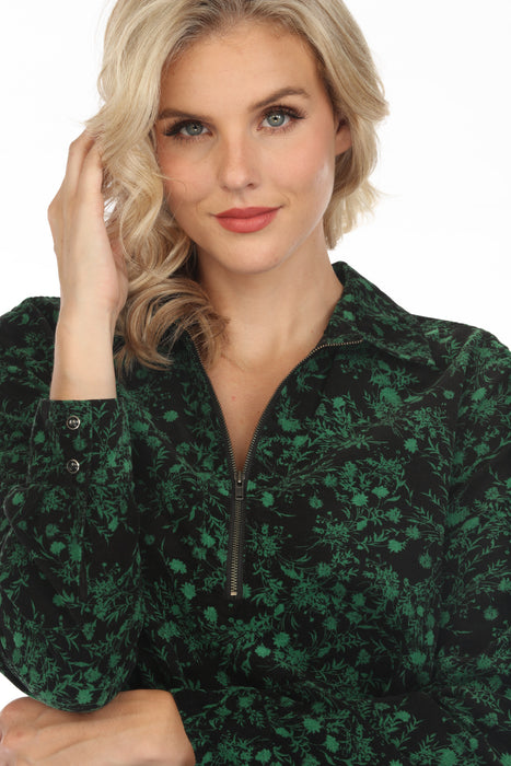 Johnny Was Workshop Green/Black Floral Zip Front Long Sleeve Top Boho Chic W28223