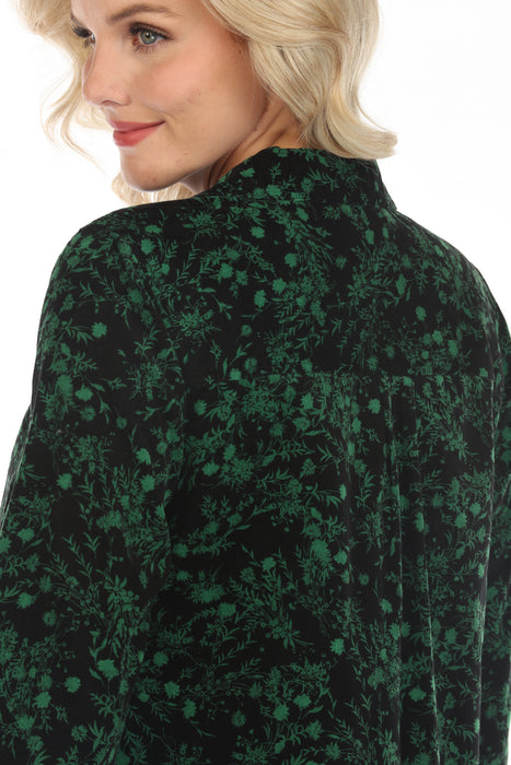 Johnny Was Workshop Green/Black Floral Zip Front Long Sleeve Top Boho Chic W28223