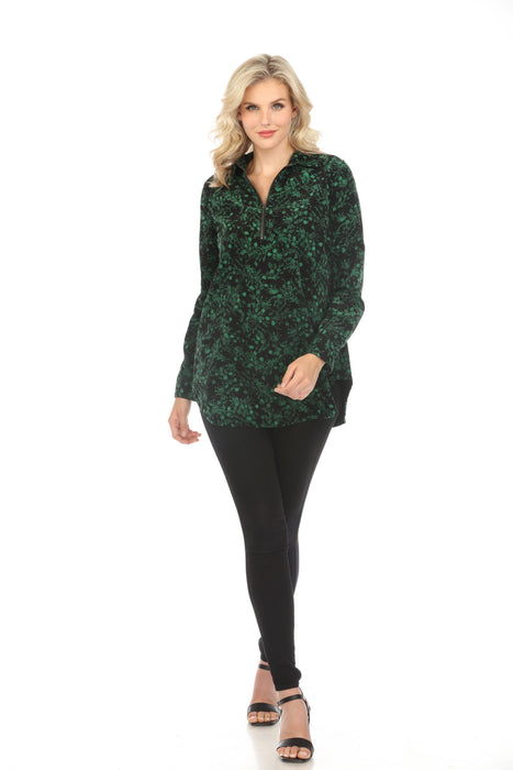 Johnny Was Workshop Green/Black Floral Zip Front Long Sleeve Top Boho Chic W28223