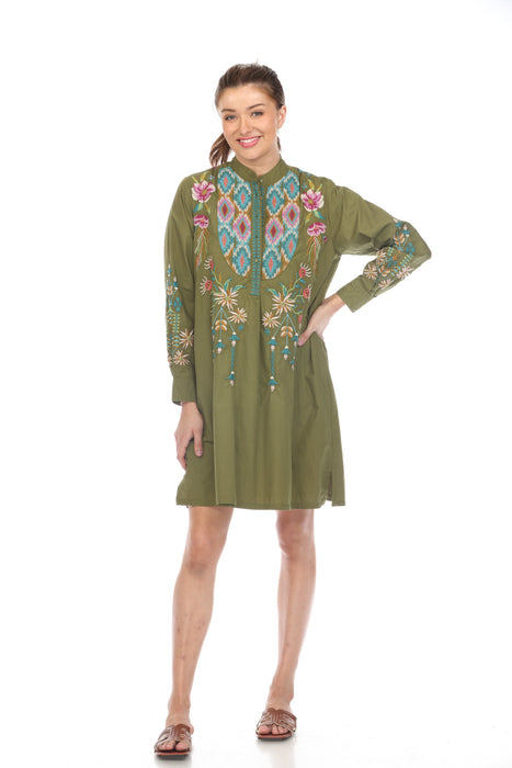 Johnny Was Workshop Style W32423 Green Gabriella Tuxedo Yoke Shirt Dress Boho Chic