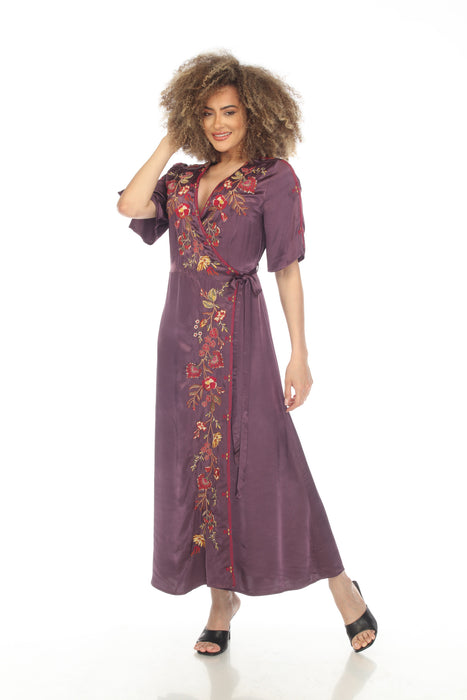 Johnny Was Workshop Lilith Satin Floral Embroidered Wrap Dress Boho Chic W32223*