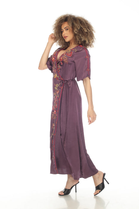 Johnny Was Workshop Lilith Satin Floral Embroidered Wrap Dress Boho Chic W32223*