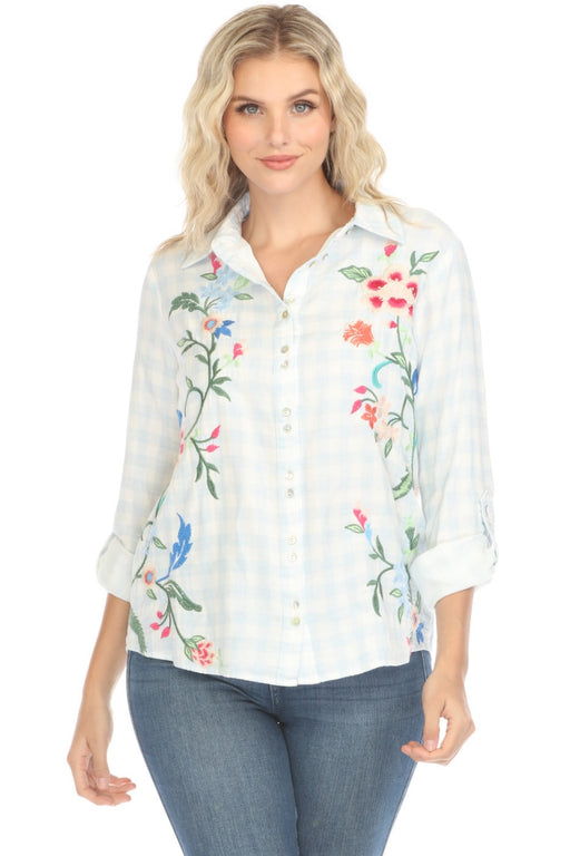 Johnny Was Workshop Style W19724 Gingham Madaleina Double Button Embroidered Shirt