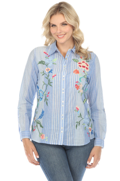 Johnny Was Workshop Style W19824 Madaleina Double Button Stripe Embroidered Shirt Boho Chic