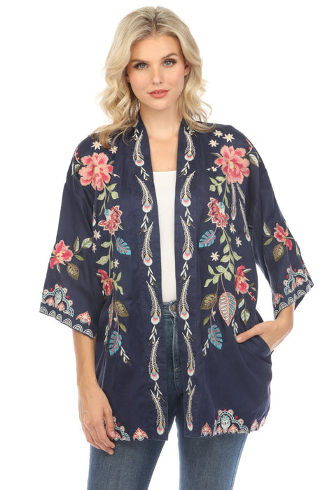 Johnny Was Workshop Style W44624 Navy Emika Embroidered Kimono Boho Chic