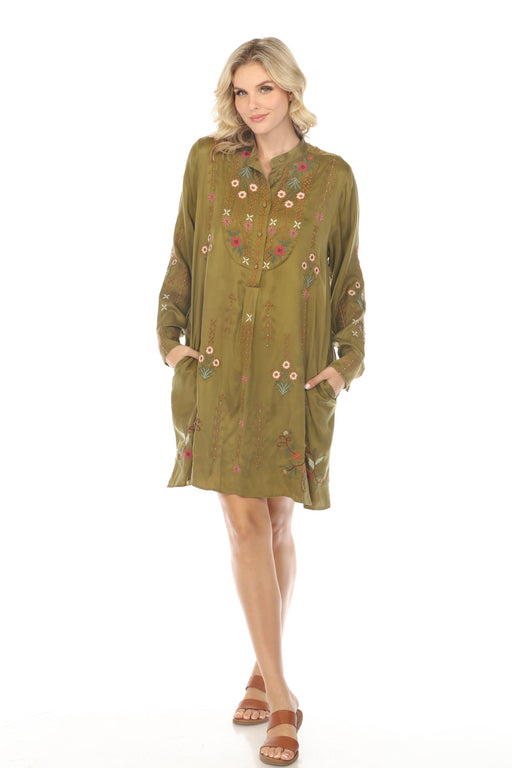 Johnny Was Workshop Style W27823 Olive Green Vivana Embroidered Shirt Dress Boho Chic